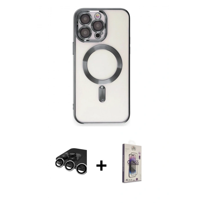 MARSİLYAN™- iPhone 15 Pro Max Kılıf Nova Işık Özel Seri - Siyah Bilvis 3D Cam Ekran Koruyucu + Raze Metal Kamera Lens - GS