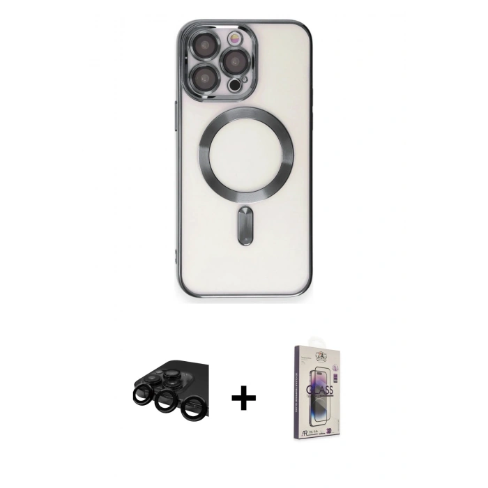 MARSİLYAN™- iPhone 15 Pro Max Kılıf Nova Işık Özel Seri - Siyah Bilvis 3D Cam Ekran Koruyucu + Raze Metal Kamera Lens - SH
