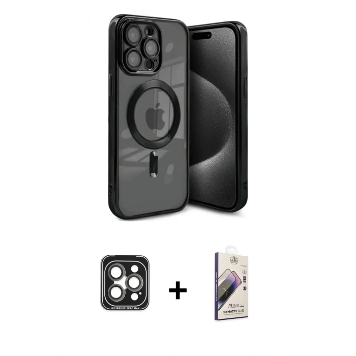 MARSİLYAN™- iPhone 15 Pro Max Kılıf Nova Işık Özel Seri - Siyah Bilvis 3D Mat Cam Ekran Koruyucu + PVD Metal Kamera Lens - GI