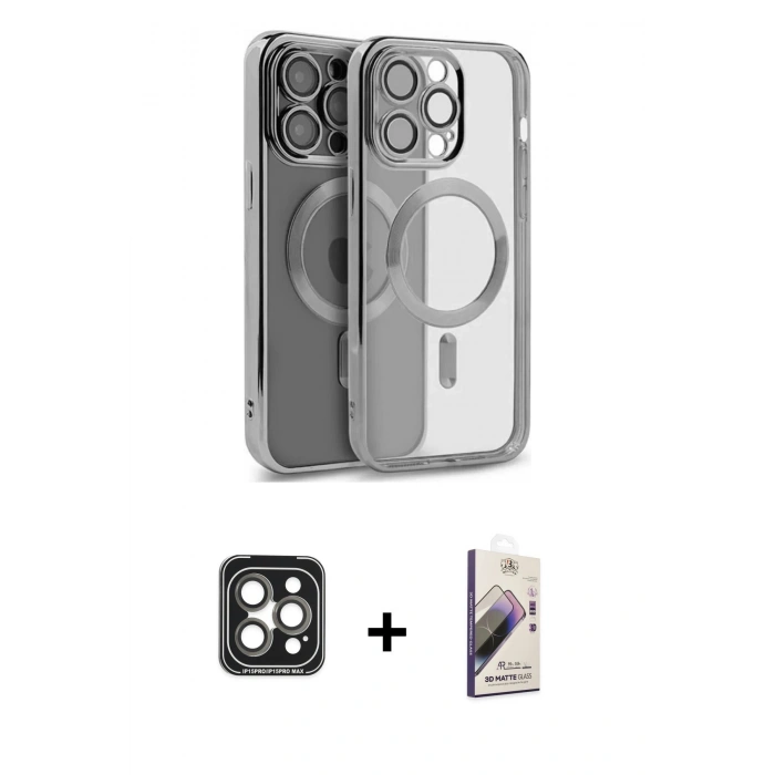MARSİLYAN™- iPhone 15 Pro Max Kılıf Nova Işık Özel Seri - Siyah Bilvis 3D Mat Cam Ekran Koruyucu + PVD Metal Kamera Lens - GI