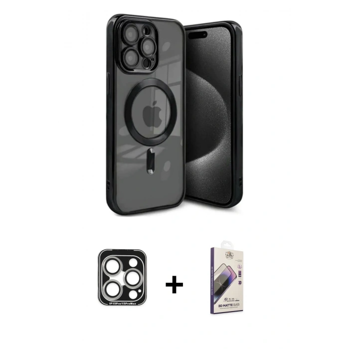 MARSİLYAN™- iPhone 15 Pro Max Kılıf Nova Işık Özel Seri - Siyah Bilvis 3D Mat Cam Ekran Koruyucu + PVD Metal Kamera Lens - GS