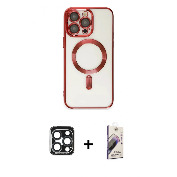 MARSİLYAN™- iPhone 15 Pro Max Kılıf Nova Işık Özel Seri - Siyah Bilvis 3D Mat Cam Ekran Koruyucu + PVD Metal Kamera Lens - LT