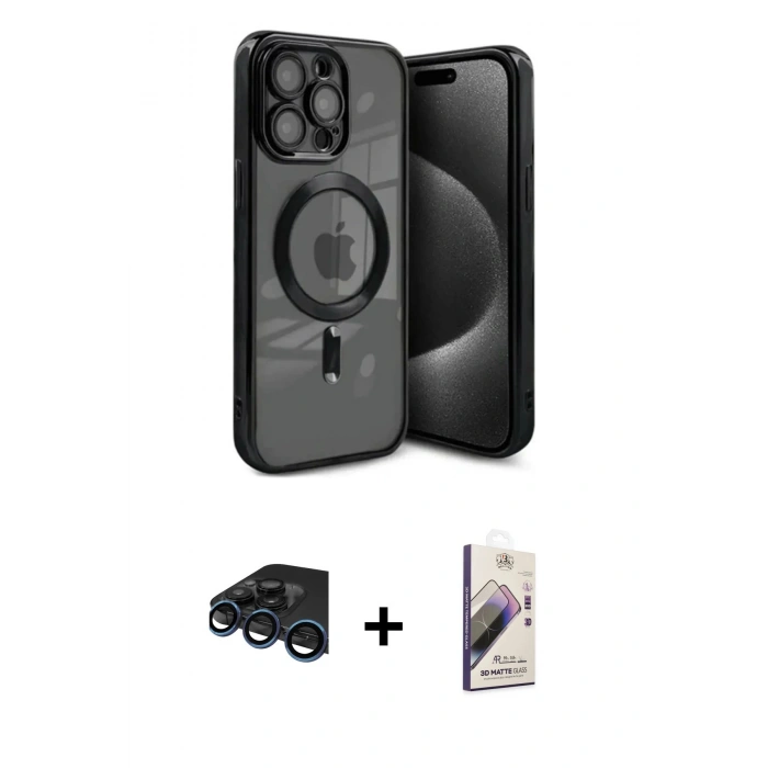 MARSİLYAN™- iPhone 15 Pro Max Kılıf Nova Işık Özel Seri - Siyah Bilvis 3D Mat Cam Ekran Koruyucu + Raze Metal Kamera Lens - LT