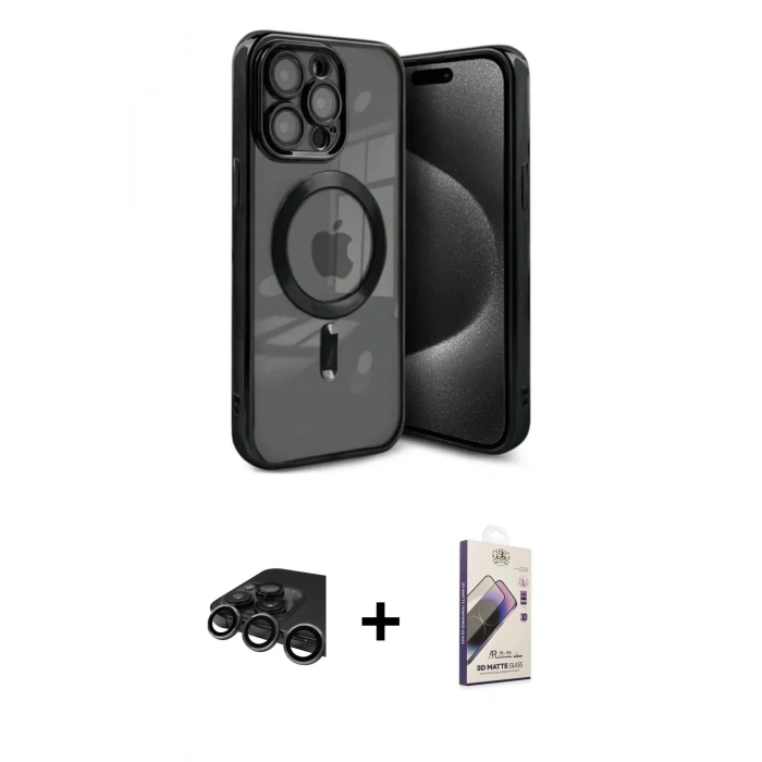 MARSİLYAN™- iPhone 15 Pro Max Kılıf Nova Işık Özel Seri - Siyah Bilvis 3D Mat Cam Ekran Koruyucu + Raze Metal Kamera Lens - TMGI