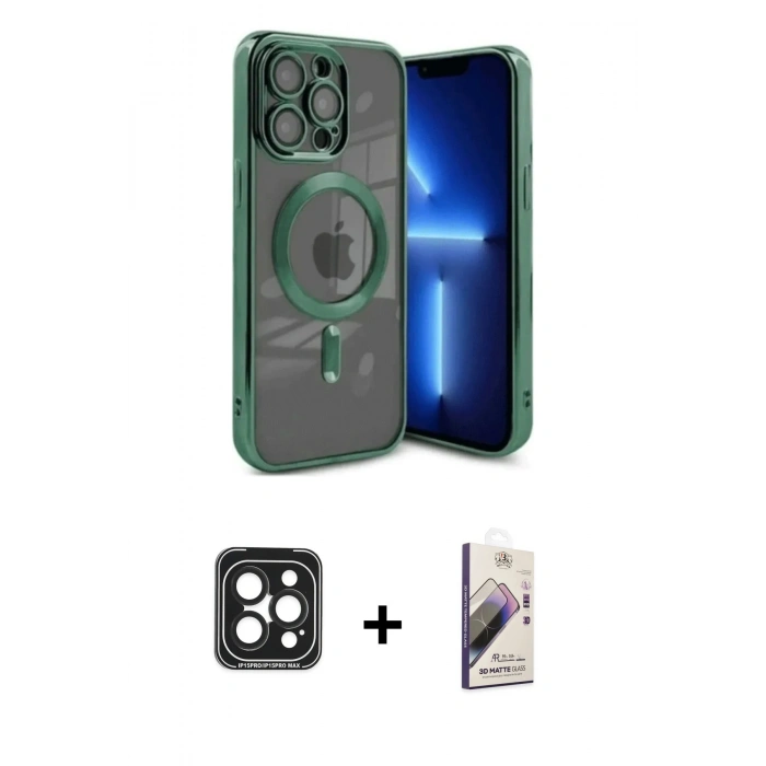 MARSİLYAN™- iPhone 15 Pro Max Kılıf Nova Işık Özel Seri - Siyah Bilvis 3D Mat Cam Ekran Koruyucu + PVD Metal Kamera Lens - SH