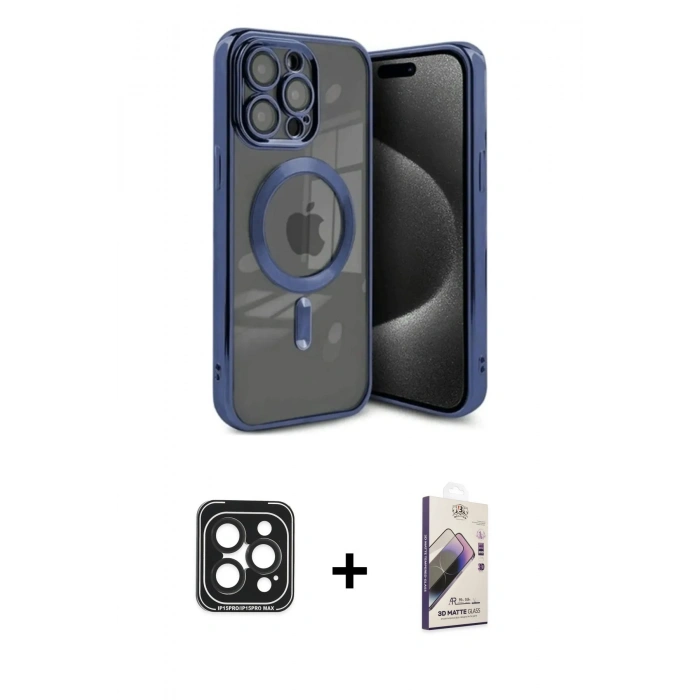 MARSİLYAN™- iPhone 15 Pro Max Kılıf Nova Işık Özel Seri - Siyah Bilvis 3D Mat Cam Ekran Koruyucu + PVD Metal Kamera Lens - SH