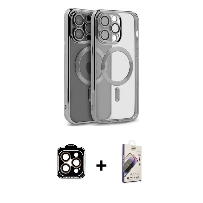 MARSİLYAN™- iPhone 15 Pro Max Kılıf Nova Işık Özel Seri - Siyah Bilvis 3D Mat Cam Ekran Koruyucu + PVD Metal Kamera Lens - TU