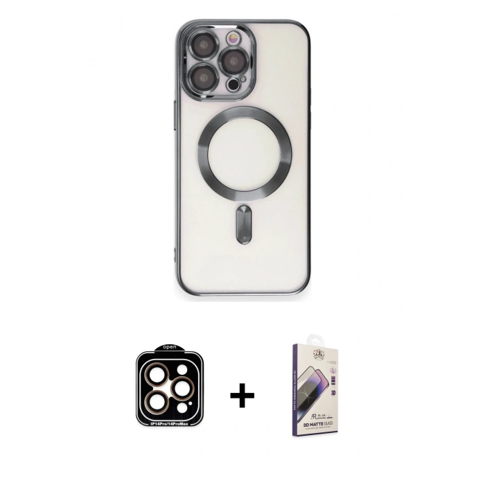 MARSİLYAN™- iPhone 15 Pro Max Kılıf Nova Işık Özel Seri - Siyah Bilvis 3D Mat Cam Ekran Koruyucu + PVD Metal Kamera Lens - TU