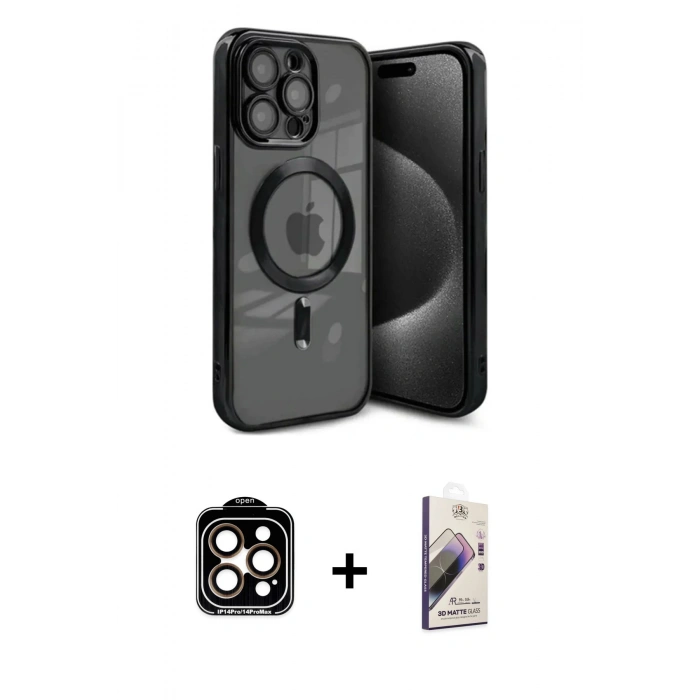 MARSİLYAN™- iPhone 15 Pro Max Kılıf Nova Işık Özel Seri - Siyah Bilvis 3D Mat Cam Ekran Koruyucu + PVD Metal Kamera Lens - TU
