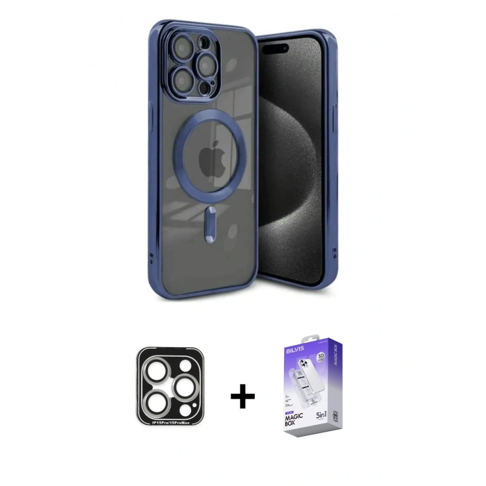 MARSİLYAN™- iPhone 15 Pro Max Kılıf Nova Işık Özel Seri - Siyah Bilvis 5in1 3D Magic Cam Ekran Koruyucu + Gümüş PVD Metal Kamera Lens