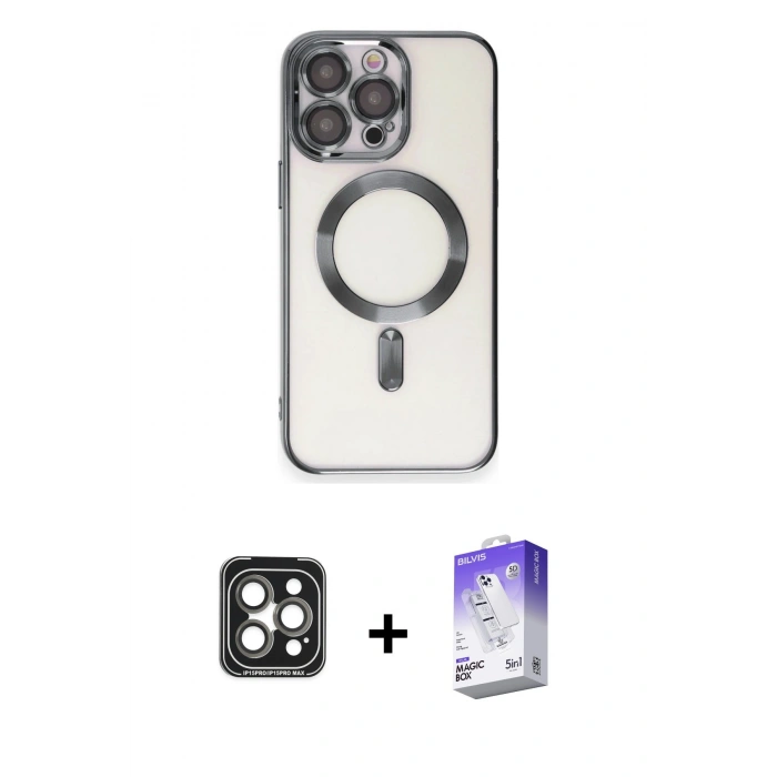 MARSİLYAN™- iPhone 15 Pro Max Kılıf Nova Işık Özel Seri - Siyah Bilvis 5in1 3D Magic Cam Ekran Koruyucu + PVD Metal Kamera Lens - GI