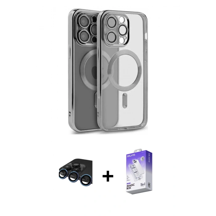 MARSİLYAN™- iPhone 15 Pro Max Kılıf Nova Işık Özel Seri - Siyah Bilvis 5in1 3D Magic Cam Ekran Koruyucu + Raze Metal Kamera Lens - LT