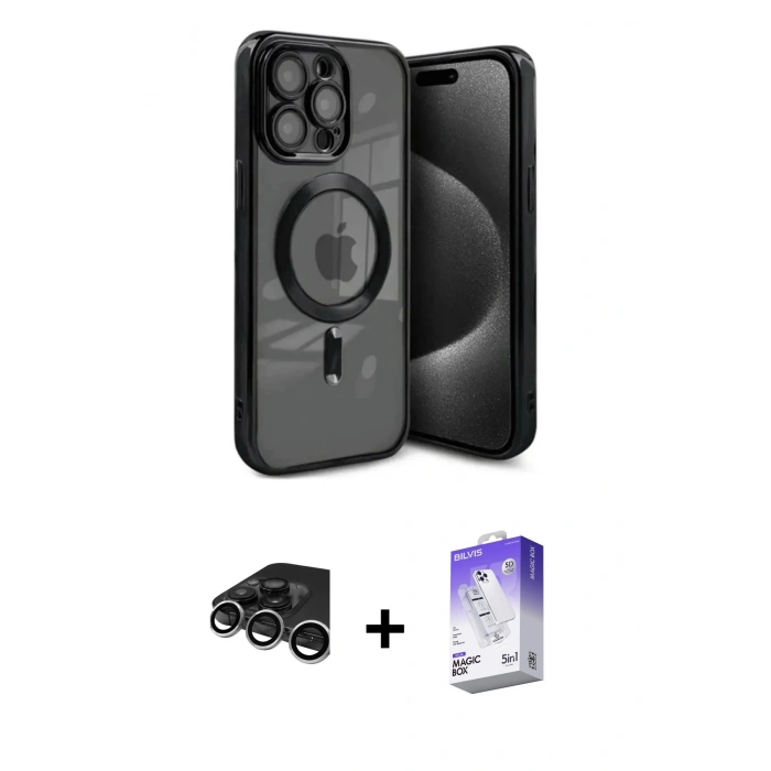 MARSİLYAN™- iPhone 15 Pro Max Kılıf Nova Işık Özel Seri - Siyah Bilvis 5in1 3D Magic Cam Ekran Koruyucu + Raze Metal Kamera Lens - GS