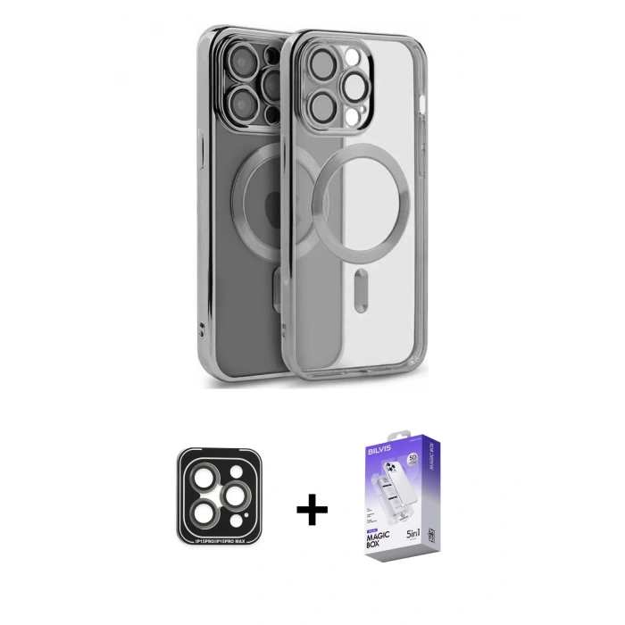 MARSİLYAN™- iPhone 15 Pro Max Kılıf Nova Işık Özel Seri - Siyah Bilvis 5in1 3D Magic Cam Ekran Koruyucu + PVD Metal Kamera Lens - GI