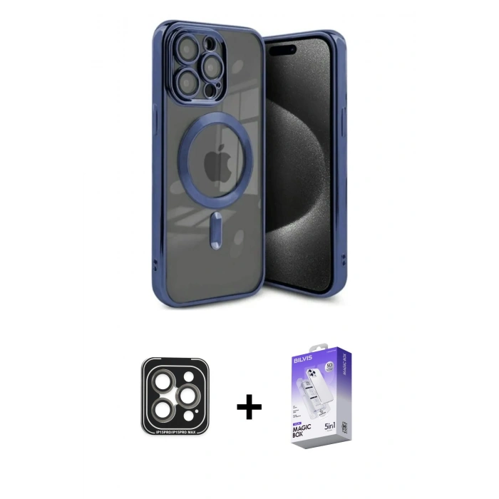 MARSİLYAN™- iPhone 15 Pro Max Kılıf Nova Işık Özel Seri - Siyah Bilvis 5in1 3D Magic Cam Ekran Koruyucu + PVD Metal Kamera Lens - GI