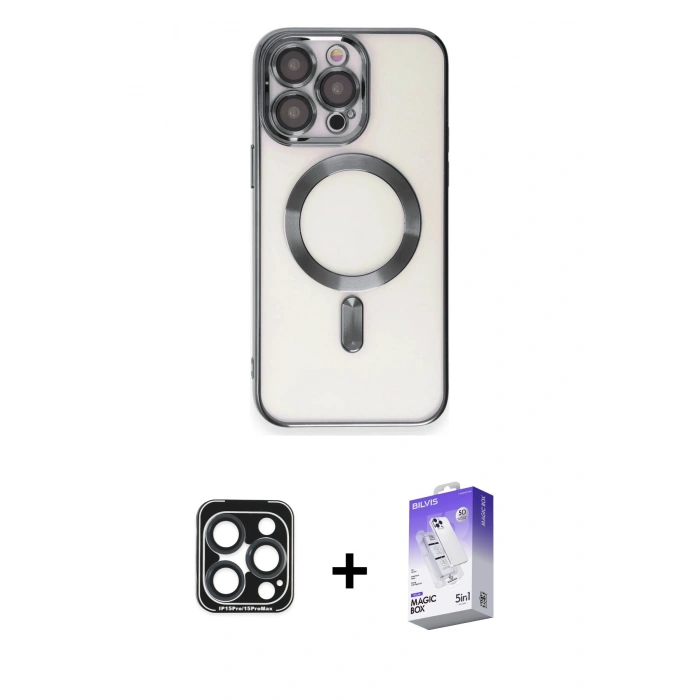 MARSİLYAN™- iPhone 15 Pro Max Kılıf Nova Işık Özel Seri - Siyah Bilvis 5in1 3D Magic Cam Ekran Koruyucu + PVD Metal Kamera Lens - LT