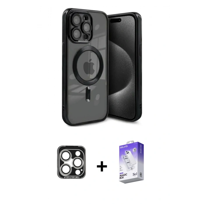 MARSİLYAN™- iPhone 15 Pro Max Kılıf Nova Işık Özel Seri - Siyah Bilvis 5in1 3D Magic Cam Ekran Koruyucu + Gümüş PVD Metal Kamera Lens