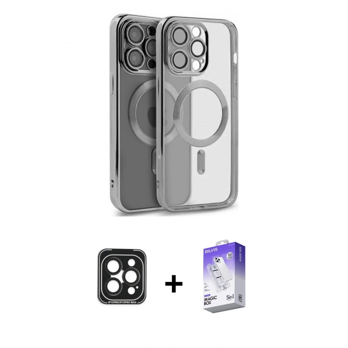 MARSİLYAN™- iPhone 15 Pro Max Kılıf Nova Işık Özel Seri - Siyah Bilvis 5in1 3D Magic Cam Ekran Koruyucu + PVD Metal Kamera Lens - SH