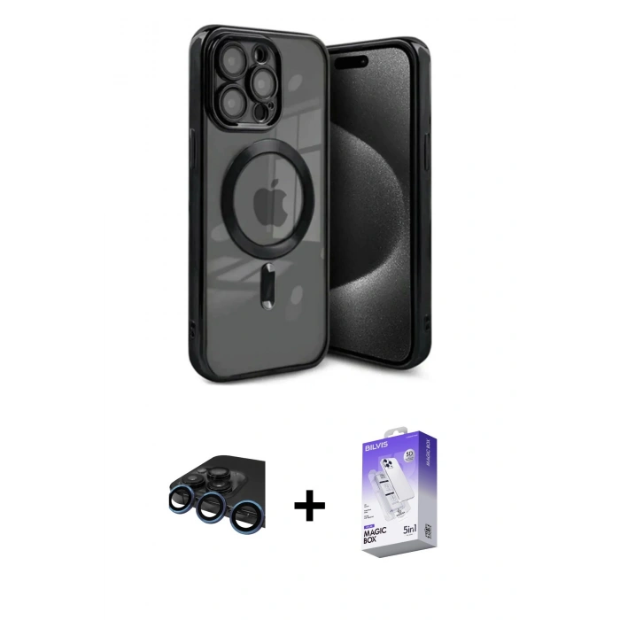 MARSİLYAN™- iPhone 15 Pro Max Kılıf Nova Işık Özel Seri - Siyah Bilvis 5in1 3D Magic Cam Ekran Koruyucu + Raze Metal Kamera Lens - LT
