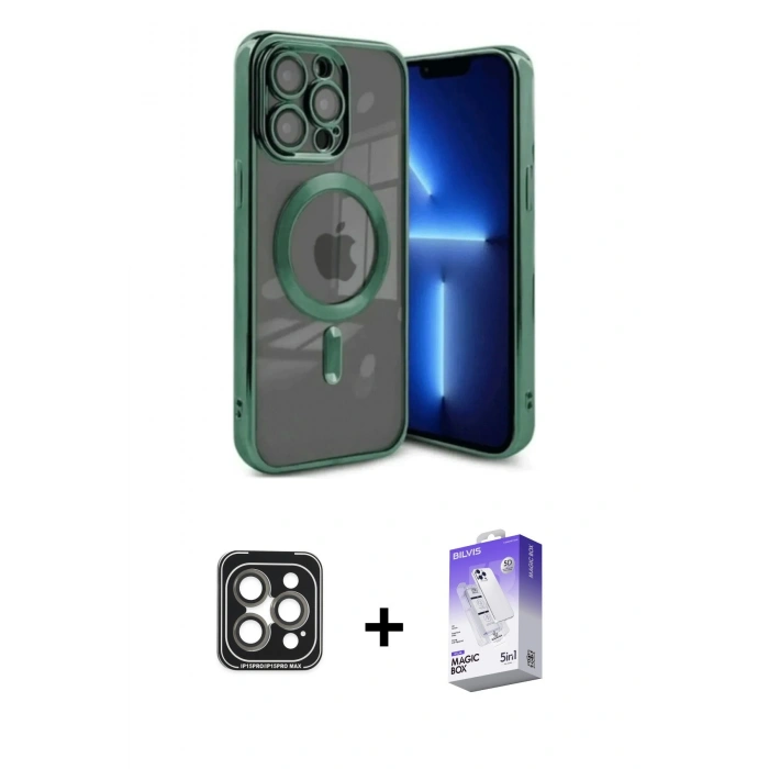 MARSİLYAN™- iPhone 15 Pro Max Kılıf Nova Işık Özel Seri - Siyah Bilvis 5in1 3D Magic Cam Ekran Koruyucu + PVD Metal Kamera Lens - GI