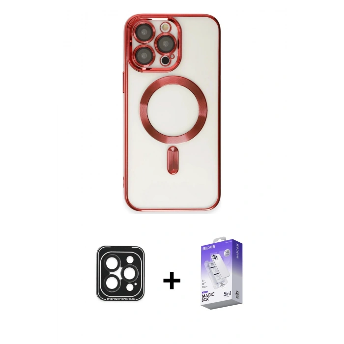 MARSİLYAN™- iPhone 15 Pro Max Kılıf Nova Işık Özel Seri - Siyah Bilvis 5in1 3D Magic Cam Ekran Koruyucu + PVD Metal Kamera Lens - SH