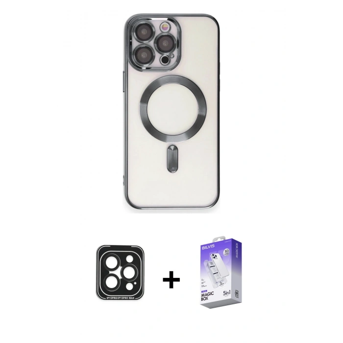 MARSİLYAN™- iPhone 15 Pro Max Kılıf Nova Işık Özel Seri - Siyah Bilvis 5in1 3D Magic Cam Ekran Koruyucu + PVD Metal Kamera Lens - SH
