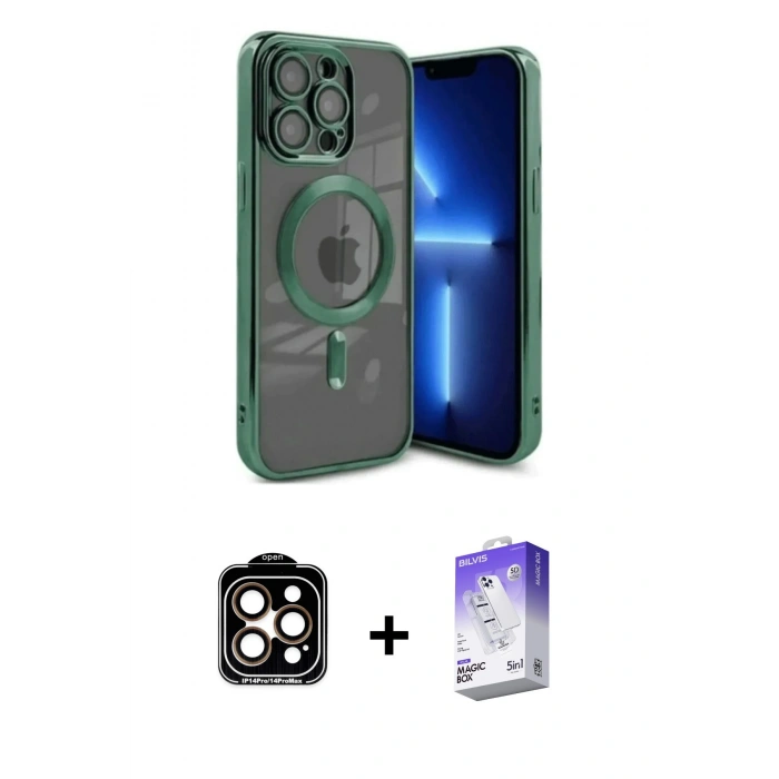 MARSİLYAN™- iPhone 15 Pro Max Kılıf Nova Işık Özel Seri - Siyah Bilvis 5in1 3D Magic Cam Ekran Koruyucu + PVD Metal Kamera Lens - TU