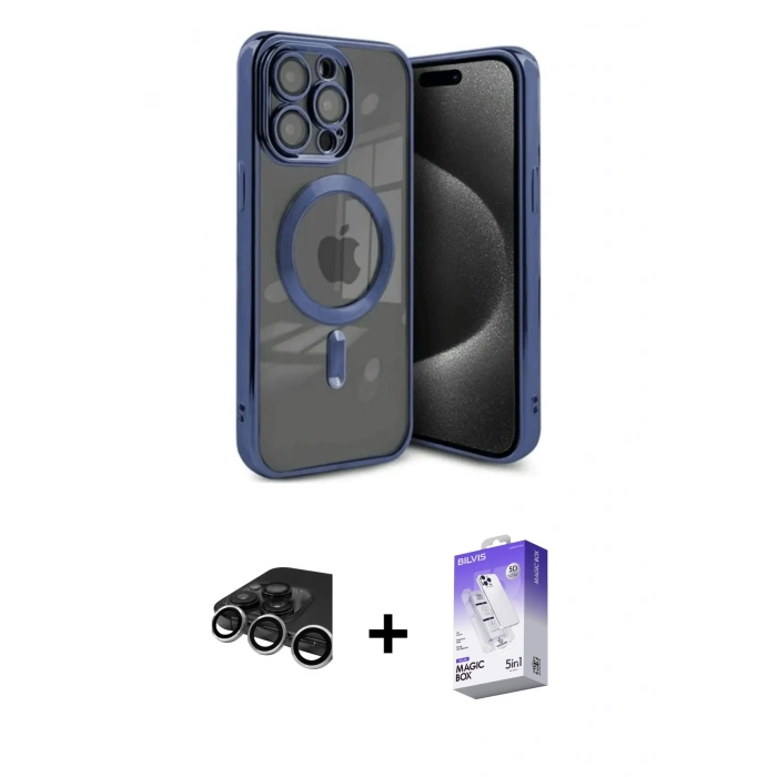 MARSİLYAN™- iPhone 15 Pro Max Kılıf Nova Işık Özel Seri - Siyah Bilvis 5in1 3D Magic Cam Ekran Koruyucu + Raze Metal Kamera Lens - GS