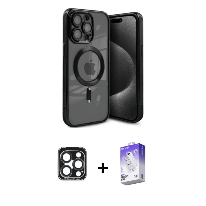 MARSİLYAN™- iPhone 15 Pro Max Kılıf Nova Işık Özel Seri - Siyah Bilvis 5in1 3D Magic Cam Ekran Koruyucu + PVD Metal Kamera Lens - LT