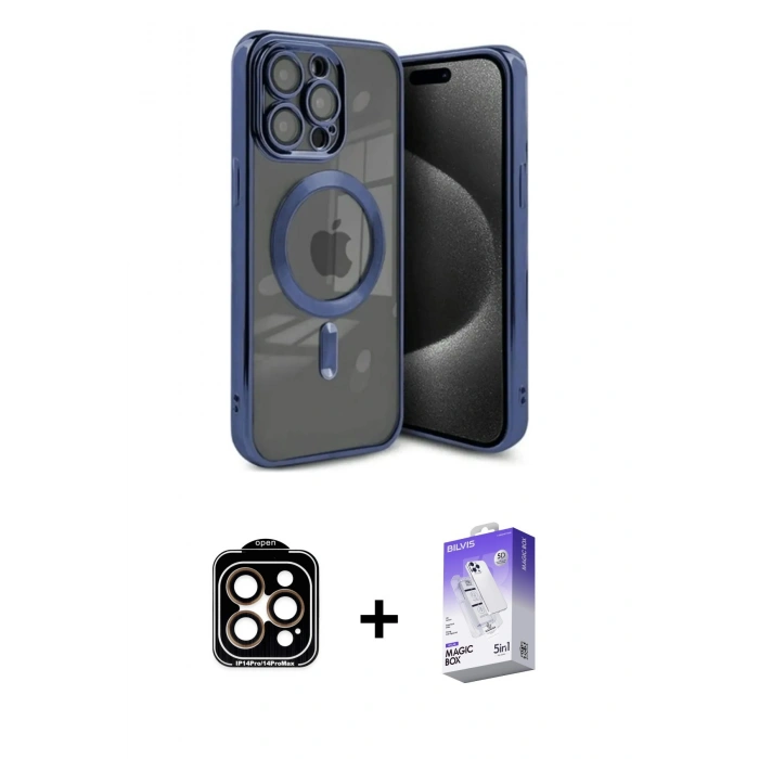 MARSİLYAN™- iPhone 15 Pro Max Kılıf Nova Işık Özel Seri - Siyah Bilvis 5in1 3D Magic Cam Ekran Koruyucu + PVD Metal Kamera Lens - TU