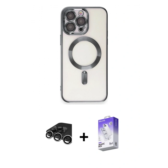 MARSİLYAN™- iPhone 15 Pro Max Kılıf Nova Işık Özel Seri - Siyah Bilvis 5in1 3D Magic Cam Ekran Koruyucu + Raze Metal Kamera Lens - GS