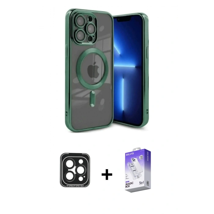 MARSİLYAN™- iPhone 15 Pro Max Kılıf Nova Işık Özel Seri - Siyah Bilvis 5in1 3D Magic Cam Ekran Koruyucu + PVD Metal Kamera Lens - SH
