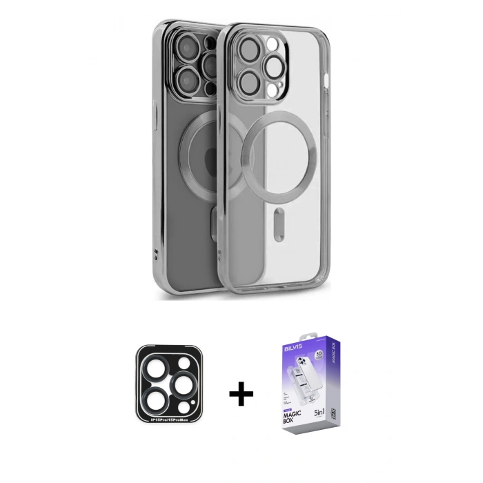 MARSİLYAN™- iPhone 15 Pro Max Kılıf Nova Işık Özel Seri - Siyah Bilvis 5in1 3D Magic Cam Ekran Koruyucu + PVD Metal Kamera Lens - LT