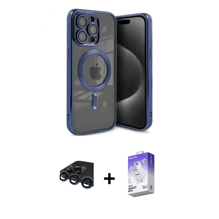 MARSİLYAN™- iPhone 15 Pro Max Kılıf Nova Işık Özel Seri - Siyah Bilvis 5in1 3D Magic Cam Ekran Koruyucu + Raze Metal Kamera Lens - LT