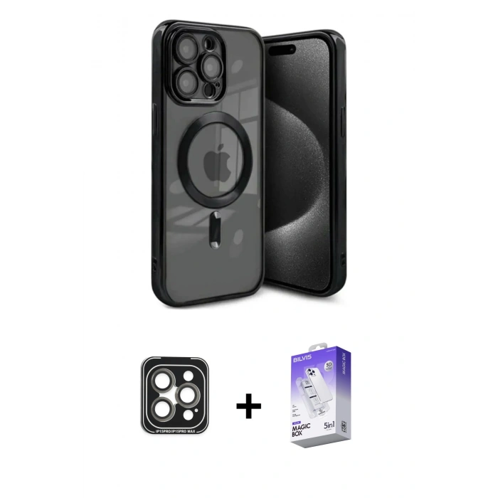 MARSİLYAN™- iPhone 15 Pro Max Kılıf Nova Işık Özel Seri - Siyah Bilvis 5in1 3D Magic Cam Ekran Koruyucu + PVD Metal Kamera Lens - GI
