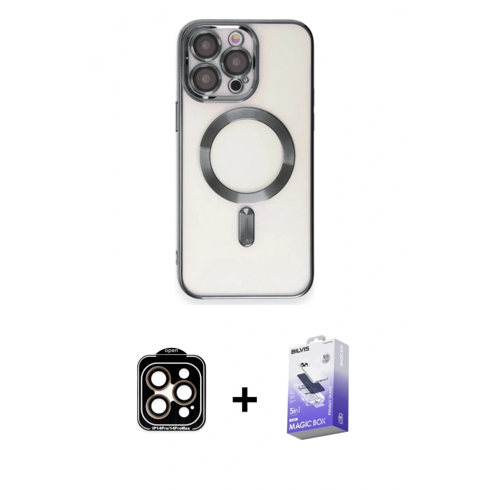 MARSİLYAN™- iPhone 15 Pro Max Kılıf Nova Işık Özel Seri - Siyah Bilvis 5in1 5D Magic Hayalet Cam Ekran Koruyucu + PVD Metal Kamera Lens - TU