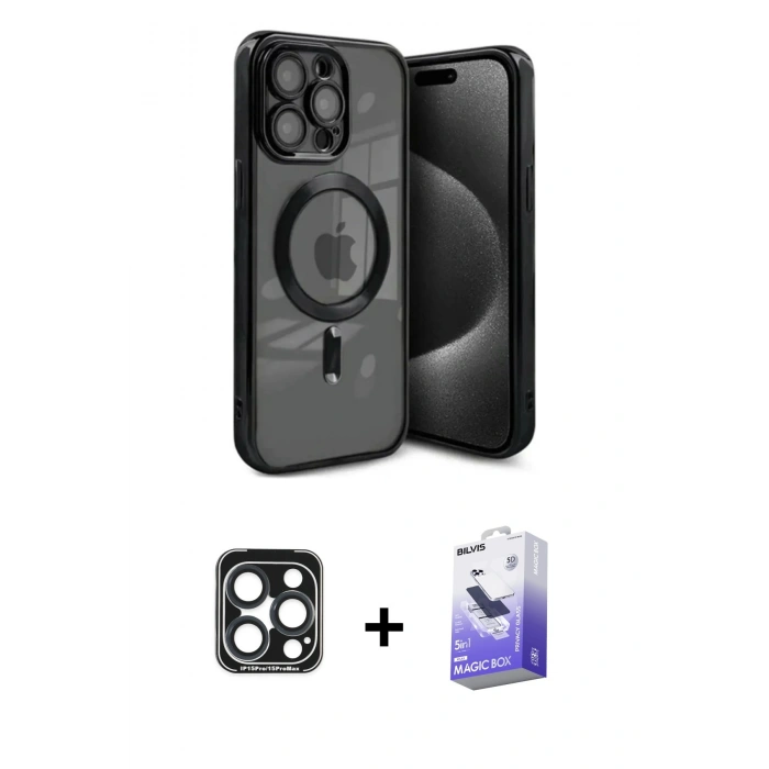 MARSİLYAN™- iPhone 15 Pro Max Kılıf Nova Işık Özel Seri - Siyah Bilvis 5in1 5D Magic Hayalet Cam Ekran Koruyucu + PVD Metal Kamera Lens - LT