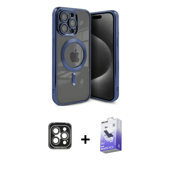 MARSİLYAN™- iPhone 15 Pro Max Kılıf Nova Işık Özel Seri - Siyah Bilvis 5in1 5D Magic Hayalet Cam Ekran Koruyucu + PVD Metal Kamera Lens - GI