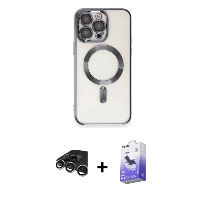 MARSİLYAN™- iPhone 15 Pro Max Kılıf Nova Işık Özel Seri - Siyah Bilvis 5in1 5D Magic Hayalet Cam Ekran Koruyucu + Gümüş Raze Metal Kamera Lens