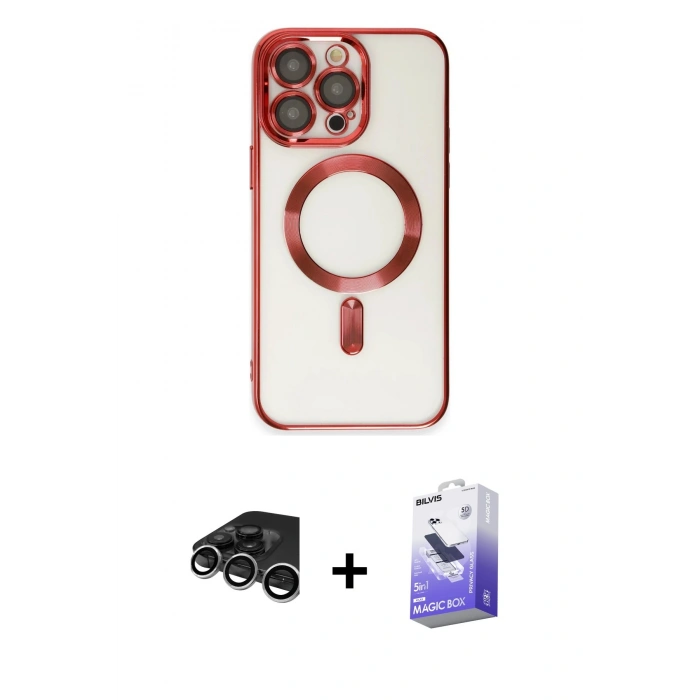 MARSİLYAN™- iPhone 15 Pro Max Kılıf Nova Işık Özel Seri - Siyah Bilvis 5in1 5D Magic Hayalet Cam Ekran Koruyucu + Gümüş Raze Metal Kamera Lens