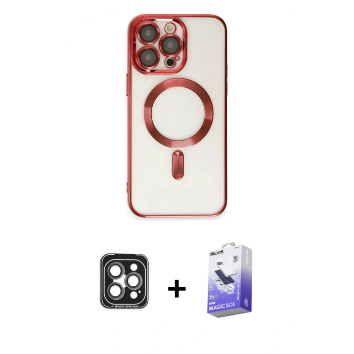 MARSİLYAN™- iPhone 15 Pro Max Kılıf Nova Işık Özel Seri - Siyah Bilvis 5in1 5D Magic Hayalet Cam Ekran Koruyucu + PVD Metal Kamera Lens - GI