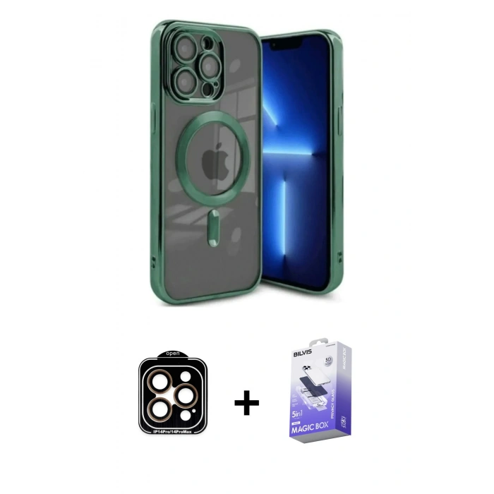 MARSİLYAN™- iPhone 15 Pro Max Kılıf Nova Işık Özel Seri - Siyah Bilvis 5in1 5D Magic Hayalet Cam Ekran Koruyucu + PVD Metal Kamera Lens - TU