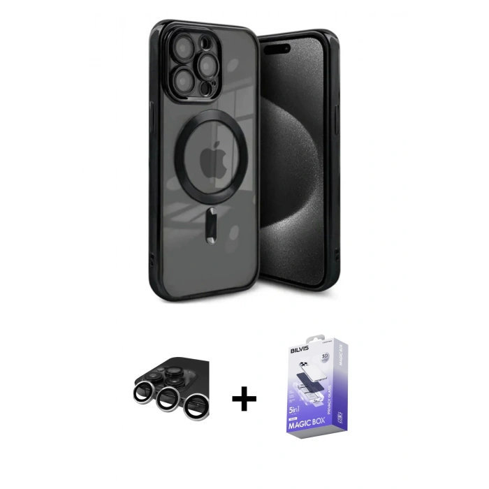 MARSİLYAN™- iPhone 15 Pro Max Kılıf Nova Işık Özel Seri - Siyah Bilvis 5in1 5D Magic Hayalet Cam Ekran Koruyucu + Gümüş Raze Metal Kamera Lens