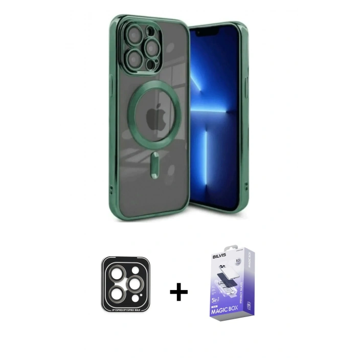 MARSİLYAN™- iPhone 15 Pro Max Kılıf Nova Işık Özel Seri - Siyah Bilvis 5in1 5D Magic Hayalet Cam Ekran Koruyucu + PVD Metal Kamera Lens - GI