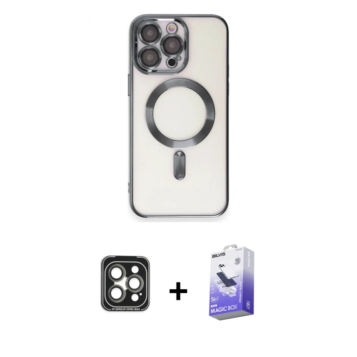 MARSİLYAN™- iPhone 15 Pro Max Kılıf Nova Işık Özel Seri - Siyah Bilvis 5in1 5D Magic Hayalet Cam Ekran Koruyucu + PVD Metal Kamera Lens - GI