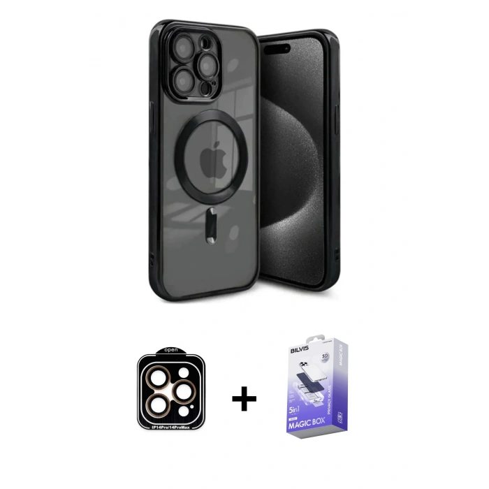 MARSİLYAN™- iPhone 15 Pro Max Kılıf Nova Işık Özel Seri - Siyah Bilvis 5in1 5D Magic Hayalet Cam Ekran Koruyucu + PVD Metal Kamera Lens - TU