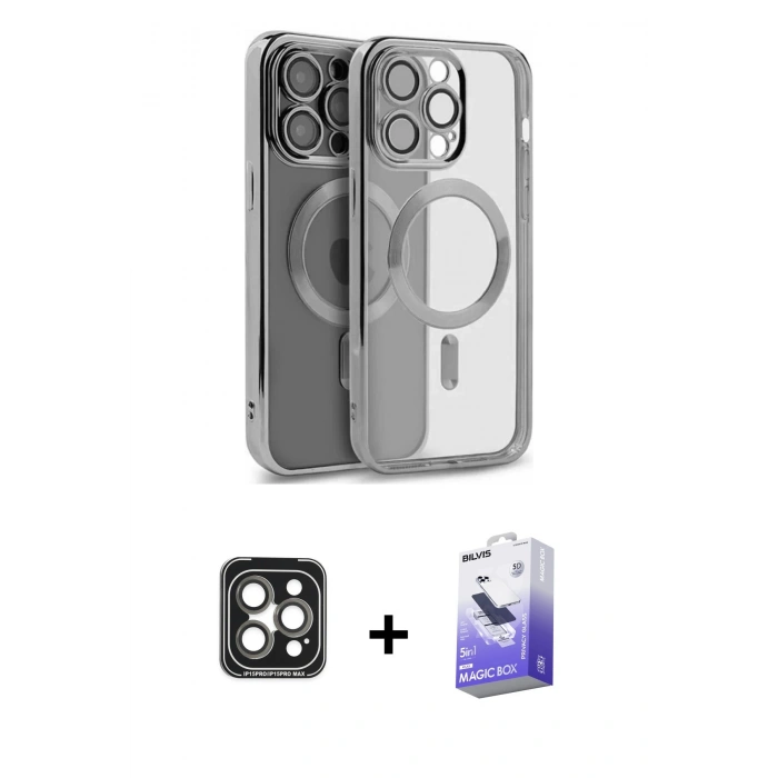 MARSİLYAN™- iPhone 15 Pro Max Kılıf Nova Işık Özel Seri - Siyah Bilvis 5in1 5D Magic Hayalet Cam Ekran Koruyucu + PVD Metal Kamera Lens - GI