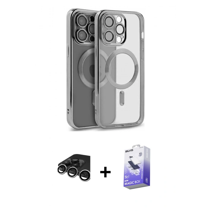 MARSİLYAN™- iPhone 15 Pro Max Kılıf Nova Işık Özel Seri - Siyah Bilvis 5in1 5D Magic Hayalet Cam Ekran Koruyucu + Gümüş Raze Metal Kamera Lens