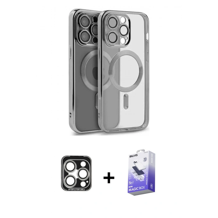 MARSİLYAN™- iPhone 15 Pro Max Kılıf Nova Işık Özel Seri - Siyah Bilvis 5in1 5D Magic Hayalet Cam Ekran Koruyucu + PVD Metal Kamera Lens - GS