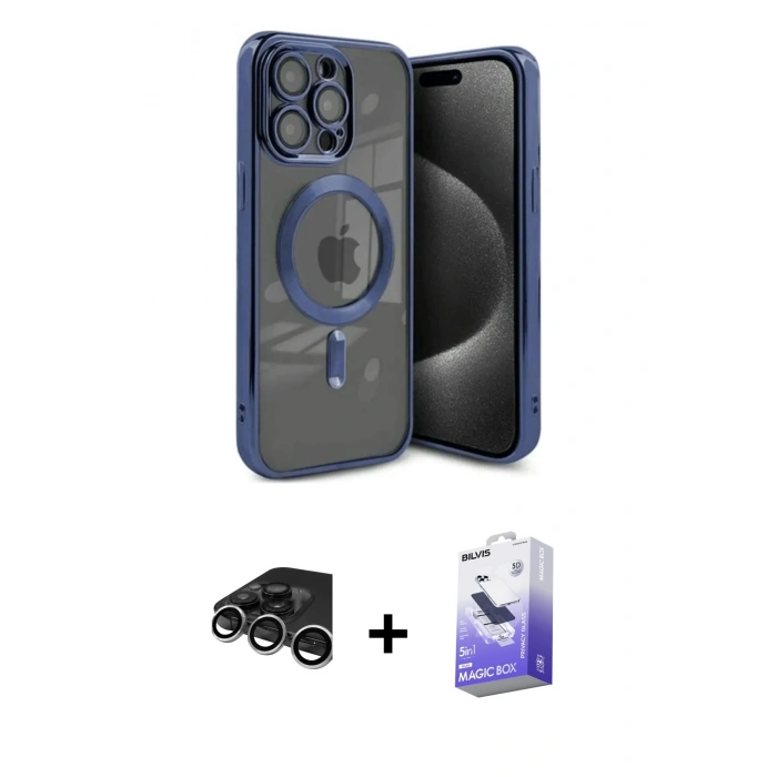 MARSİLYAN™- iPhone 15 Pro Max Kılıf Nova Işık Özel Seri - Siyah Bilvis 5in1 5D Magic Hayalet Cam Ekran Koruyucu + Gümüş Raze Metal Kamera Lens